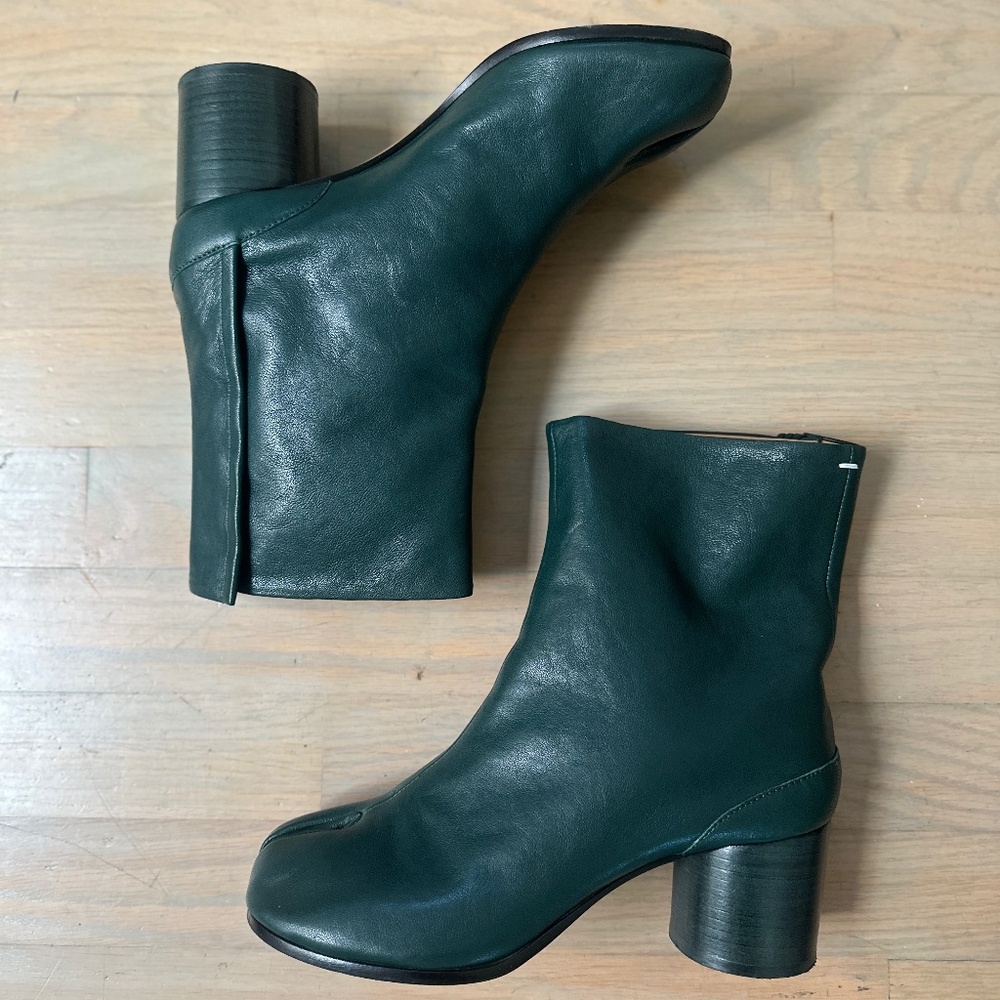 Maison Margiela Tabi Split Toe Leather Heel Boots Pixie Forest Green Size 38.5